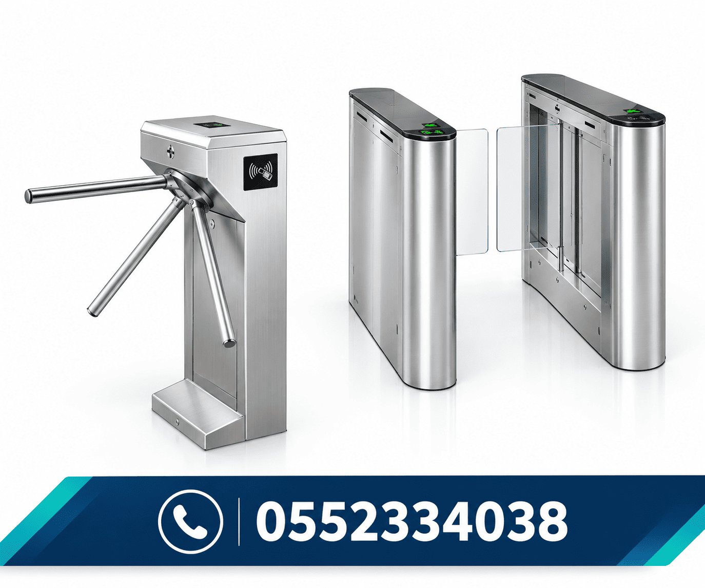 بوابات-تنظيم-دخول-الأفراد،-تشمل-بوابة-ثلاثية-الأذرع-tripod-turnstile-وبوابات-الحواجز-الزجاجية-flap-barrier-للتحكم-في-الدخول-والخروج-في-الشركات-